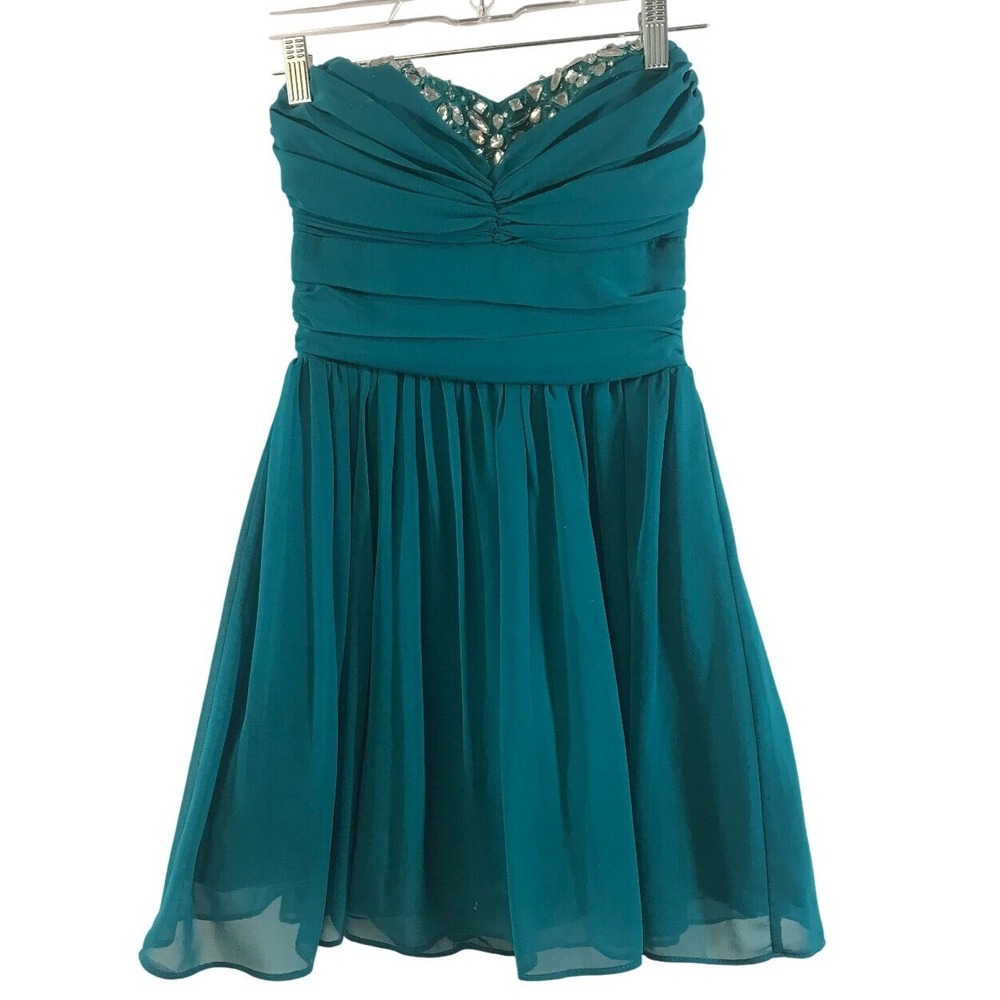 B. Darlin Womens Teal Chiffon Strapless‎ Rhinestone Embellished Mini Party Dress